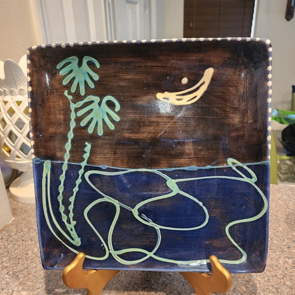 Large Earthworks Barbados Glazed Terracotta Beach Scene 11" X 11" Serving Plate - Picture 1 of 7